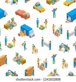 Relocation Service 3d Seamless Pattern Background on a White Isometric View Include of Transportation, Shipping Box or Container Package and Storage. Vector illustration