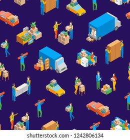 Relocation Service 3d Seamless Pattern Background Isometric View Include of Transportation, Shipping Box or Container Package and Storage. Vector illustration