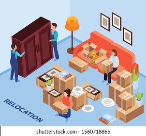 Relocation service background with furniture transportation symbols isometric vector illustration