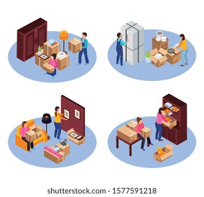 Relocation service concept icons set with packing and transportation symbols isometric isolated vector illustration