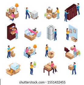 Relocation service icons set with packing symbols isometric isolated vector illustration