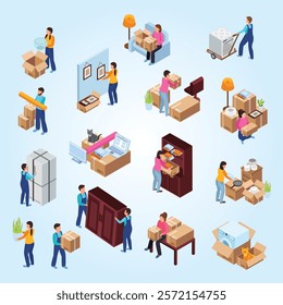 Relocation service icons set with packing symbols isometric isolated vector illustration