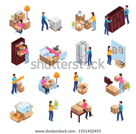 Relocation service icons set with packing symbols isometric isolated vector illustration