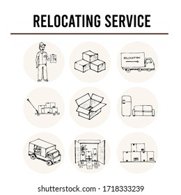 Relocation service  isolated hand drawn doodles Vector set