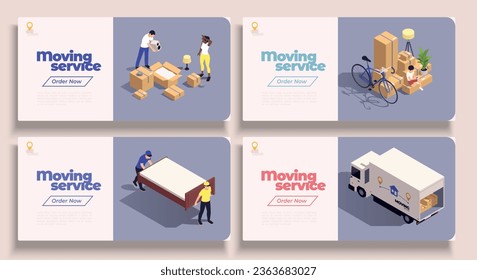 Relocation service isometric banner set with moving company relocating people isolated vector illustration