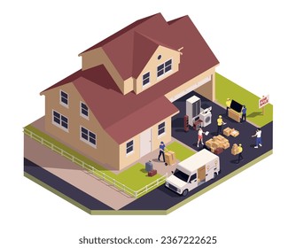 Relocation service isometric concept with company moving people to new location vector illustration