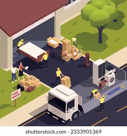 Relocation service isometric concept with moving company relocation people in front of multistore vector illustration