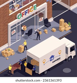 Relocation service isometric concept with moving company relocating people vector illustration