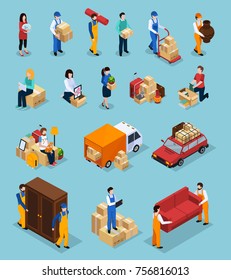 Relocation service isometric icons with clients and loaders, packages, furniture, vehicles isolated on blue background vector illustration