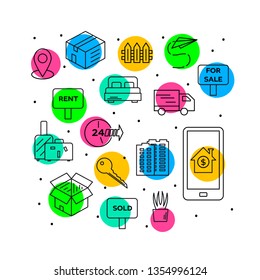Relocation service line icons set. Moving linear illustrations on color background. Rental and leasing property deal. Changing living place. Real estate agency. Isolated contour vector symbols