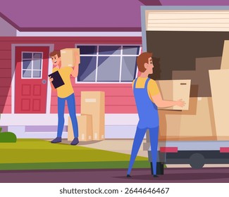Relocation service. movers holding big cardboard packages