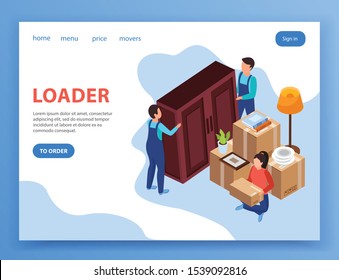 Relocation service page design with loader symbols isometric vector illustration