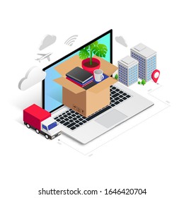 Relocation Service, Transport Company Isometric Concept With Home Furniture Box In Laptop, Truck, Buildings Isolated. Moving To New House, Office 3d Vector Illustration For Web, Banner, App, Advert