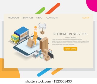 Relocation service vector website template, web page and landing page design for website and mobile site development. Online moving or relocation services concept.