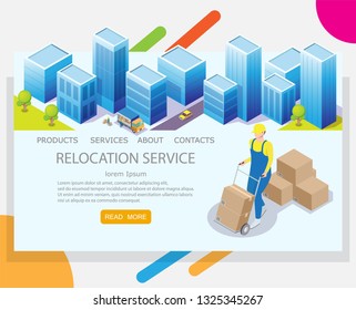 Relocation service vector website template, web page and landing page design for website and mobile site development. Worker pushing cart with cardboard boxes. Moving or relocation concept.