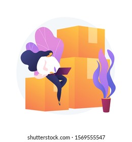 Relocation services. Apartment rent, accommodation leasing, real estate agency website design element. Woman with laptop sitting on cardboard boxes. Vector isolated concept metaphor illustration