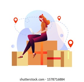 Relocation services. Apartment rent, accommodation leasing, real estate agency website design element. Woman with laptop sitting on cardboard boxes. Vector isolated concept illustration with character