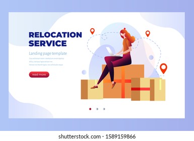 Relocation services. Apartment rent, accommodation leasing real estate agency website design element. Woman with laptop sitting on cardboard boxes. Vector isolated web page illustration with character