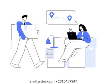 Relocation support abstract concept vector illustration. Employee with boxes and equipment moving in new office, business etiquette, corporate culture, moving expenses abstract metaphor.