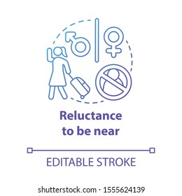 Reluctance to be near concept icon. Divorce. Travel without partner. Unwillingness to be paired. Break up idea thin line illustration. Vector isolated outline drawing. Editable stroke