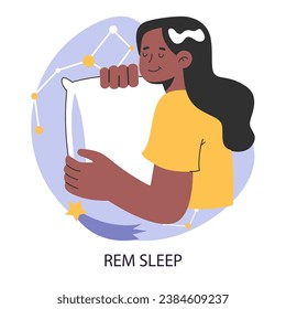 REM or rapid eye movement sleep cycle or stage. Serene calm woman in her pajamas hugging a pillow during the night. Dreaming female character. Flat vector illustration.