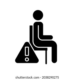 Remain seated black glyph manual label icon. Standing may lead to injuries and discomfort during experience. Silhouette symbol on white space. Vector isolated illustration for product use instructions