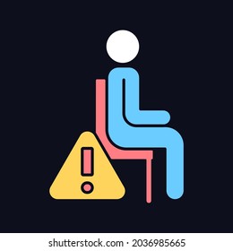 Remain seated RGB color manual label icon for dark theme. Avoid injuries. Isolated vector illustration on night mode background. Simple filled line drawing on black for product use instructions