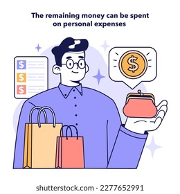 The remaining money can be spent on personal expenses. Mixed family budget managing and accounting. Financial efficiency, budgeting and economy idea. Modern family lifestyle. Flat vector illustration