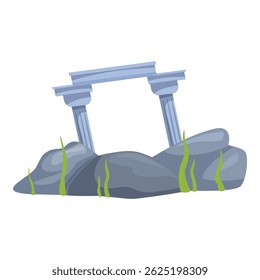 Restos de um antigo arco com colunas de pé sobre rochas e grama crescendo ao redor, evocando um senso de história e decadência