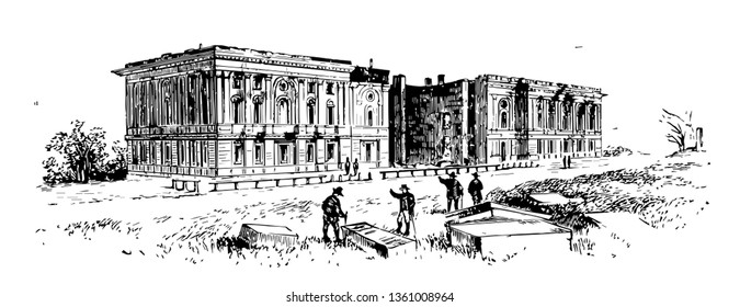 Remains of Capitol clock tower, old state capitol building, olympia vintage line drawing.