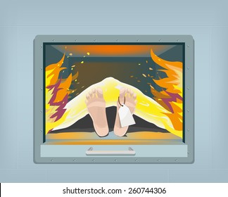 Remains of a Dead Person is being Cremated inside a Burning Chamber.  Editable EPS10 vector illustration and large jpg.