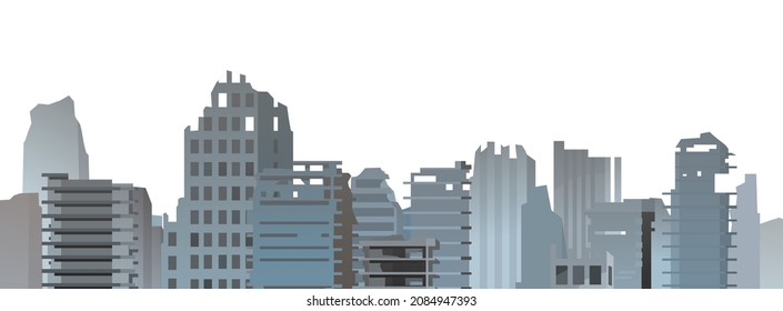 Remains of destroyed buildings. Seamless Illustration isolated on white background. Ruined city. Apocalypse scene. Armageddon death of civilization in war or environmental disaster. Flat style Vector.