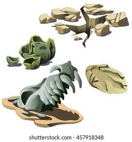 The remains of extinct reptiles. The traces of dinosaurs isolated on white background. Vector cartoon close-up illustration.