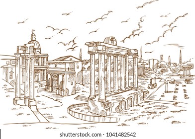 Remains of temples in Foro Romano, Rome, Italy hand draw