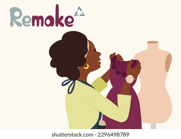 Remake poster. Woman creates new clothes from the old dress. African American designer. Second hand and flea market. Reuse and recycle. Sustainability and eco concept. Vector flat illustration