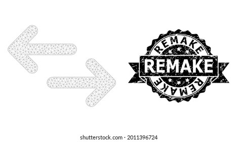 Remake scratched seal imitation and vector exchange arrows mesh model. Black seal includes Remake title inside ribbon and rosette. Abstract flat mesh exchange arrows, designed with flat mesh.