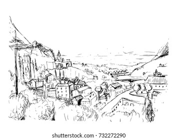 Remarkable Georgian landscape sketch. Black and white hand drawn outline vector illustration.