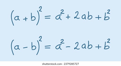 Remarkable identities. Algebraic expression formula. Square formulas. Mathematics resources for teachers and students. Vector illustration. Scientific doodle handwriting concept.