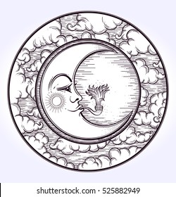 A remarkable vintage Moon portrait that has the backgroungd of a circle, clouds, and sky. the Moon is smoking a pipe and puffing smoke. Vector Isolated.