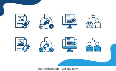 Ilustración vectorial de conjunto de iconos de Web de Anuncio de remarketing. concepto con ubicación para anuncios, campaña publicitaria, impresión, participación.