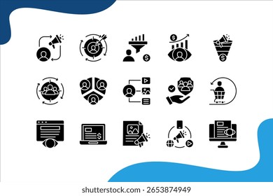 Wiederauffindbares Banner-Websymbol, Vektorgrafik. Konzept mit Retargeting, Conversion, Zielgruppe, Kundenbindung, Display-Anzeigen, Engagement