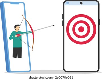 Remarketing or behavioral retargeting in digital advertising, online ads that will follow target audience across all using devices, businessman from mobile app aiming target and other computer laptop.