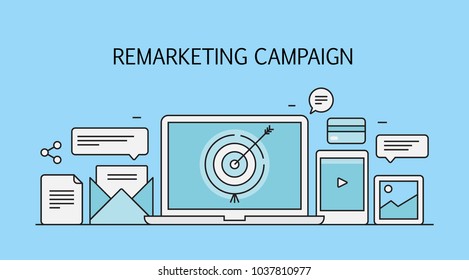 Re-marketing campaign, Business marketing strategy, Digital marketing flat line vector concept with icons