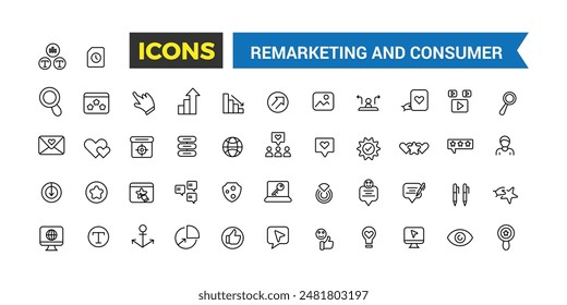 Remarketing and Consumer icons collection. Outline icons pack. Editable vector line icon set and illustration for web and UI application.