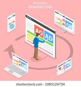 Remarketing flat isometric vector concept. A man pushing an AD on the web page and gets the same advertising banner on all types of devices for internet access.