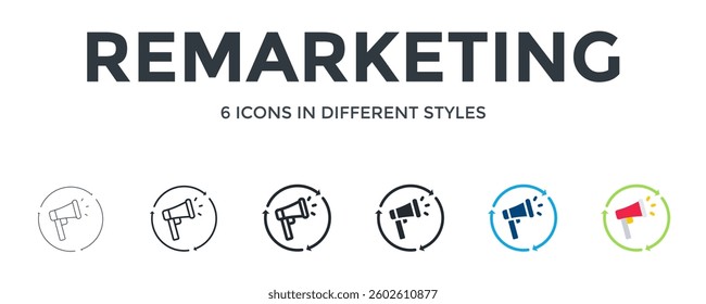 Remarketing Icon In Different Style Vector Illustration. Designed In Thin Line, Regular Line, Bold Line, Glyph, Color Fill, And Flat Style Can Be Used For Web
