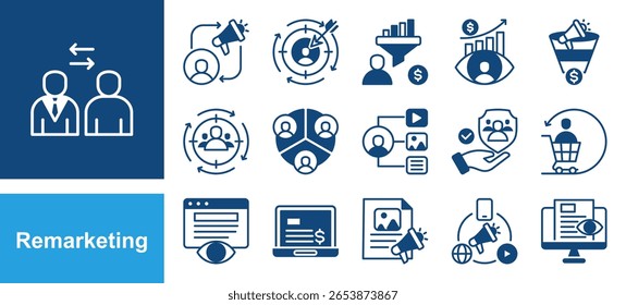 Remarketing-Symbolsatz mit Retargeting, Conversion, Zielgruppe, Kundenbindung, Display-Anzeigen, Engagement