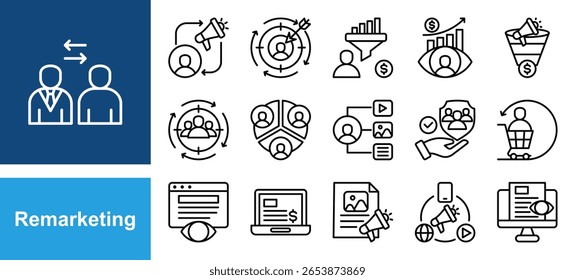 Conjunto de iconos de remarketing con retargeting, conversión, público objetivo, retención de Clientes, anuncios para mostrar, interacción