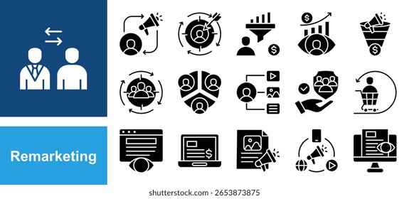 Remarketing-Symbolsatz mit Retargeting, Conversion, Zielgruppe, Kundenbindung, Display-Anzeigen, Engagement