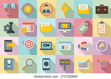 Iconos de marketing establecidos. Conjunto plano de iconos vectoriales de remarketing para el diseño web